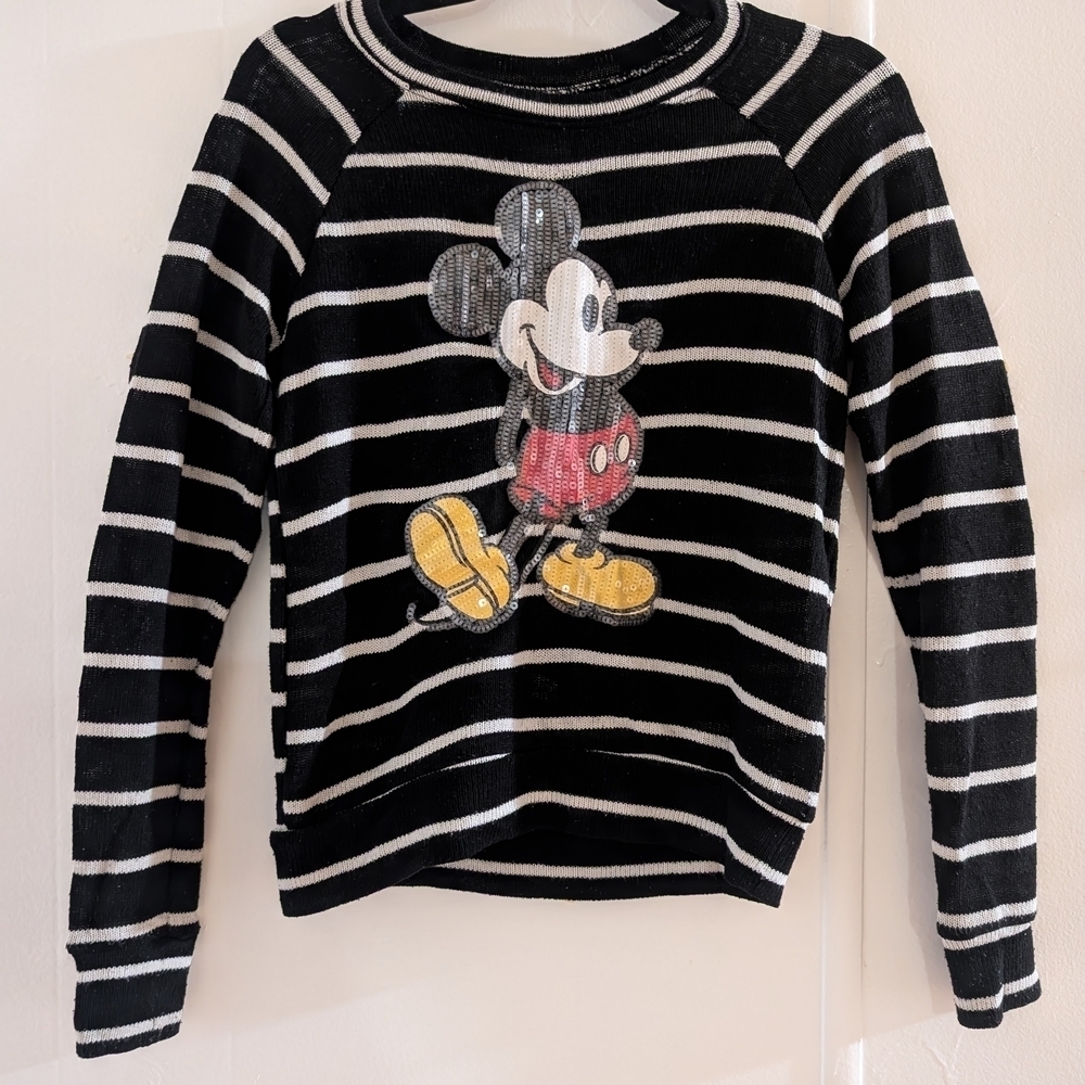 Disney Women's Striped Mickey Mouse Sweater - Black and White